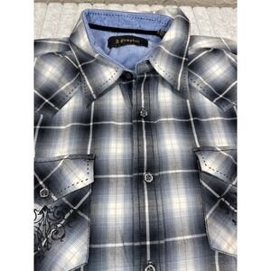 J. Campbell Los Angeles Mens XL Western Plaid Embroidered Button Down Shirt Blue